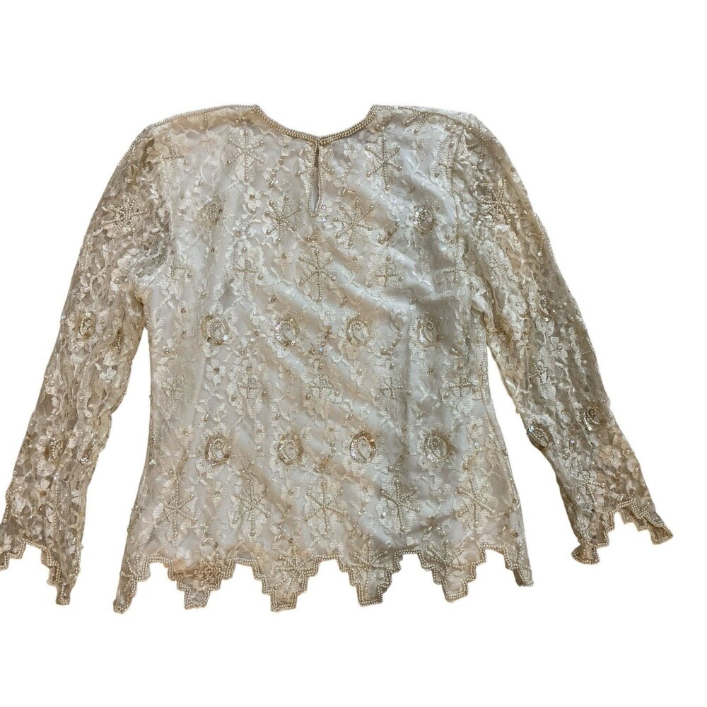 Vtg Laurence Kazar Ivory Blouse Women’s Beaded Lace Sequin Sz L Long‎ Sleeve - Picture 4 of 15